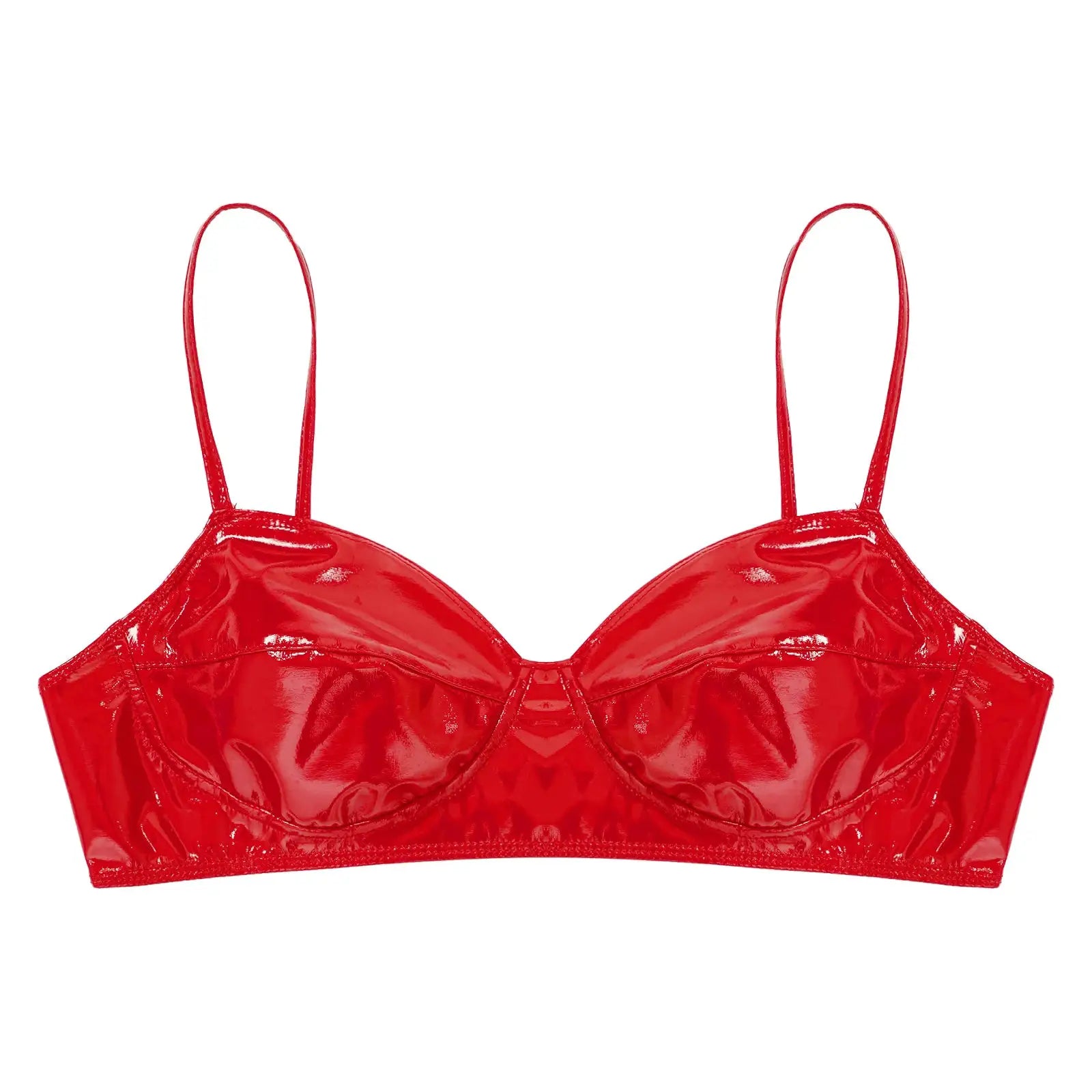 Red glossy patent-leather women's bra top with slim straps, wetlook belly-dance clubwear.
