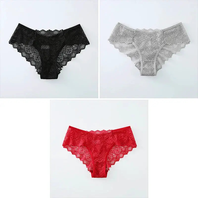Lace panties set: mid-rise seamless underwear in black, gray, and red (3-pack)