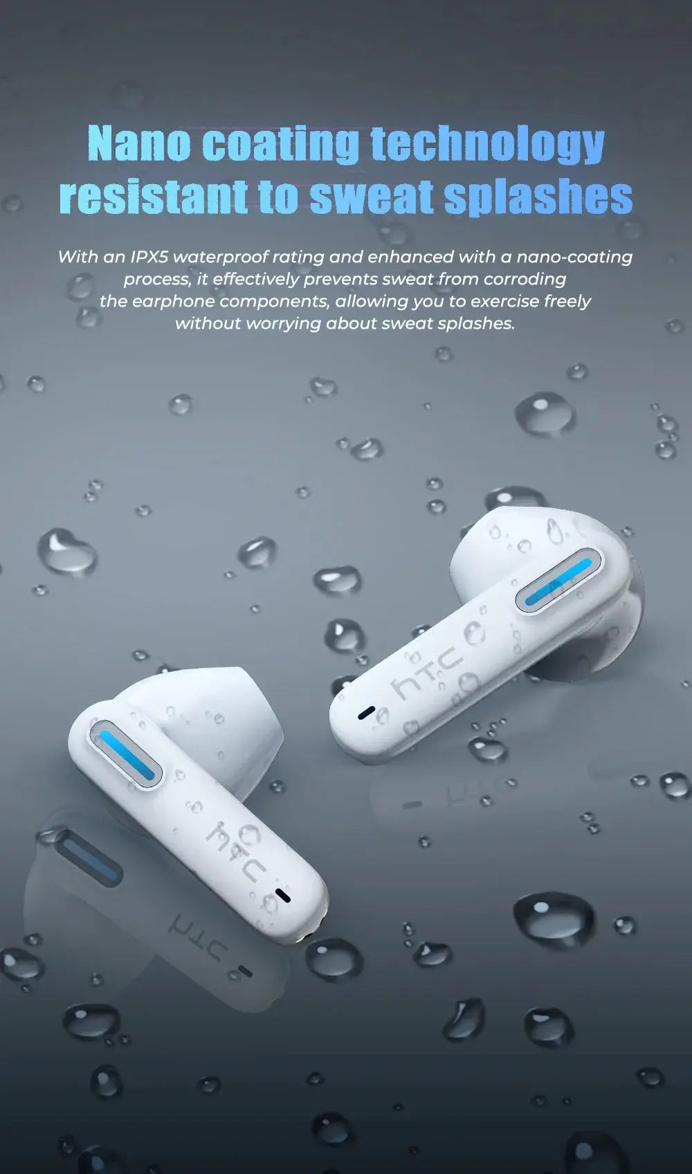 HTC NE49 Bluetooth Earphones white with blue accent TWS wireless earbuds