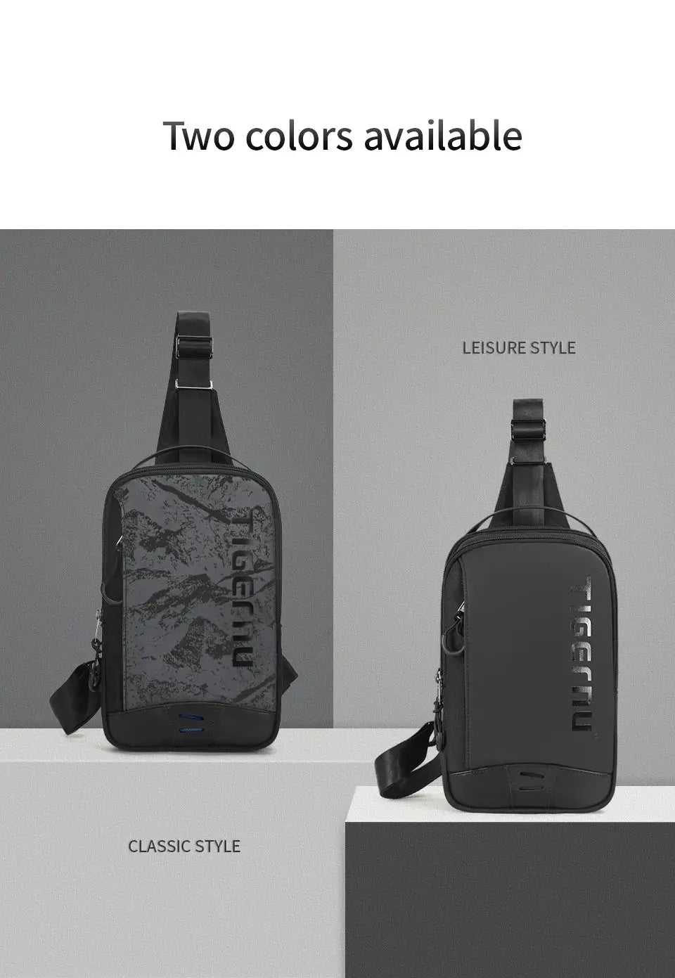 Tigernu chest bag for men in gray camo and black, crossbody style with adjustable shoulder strap