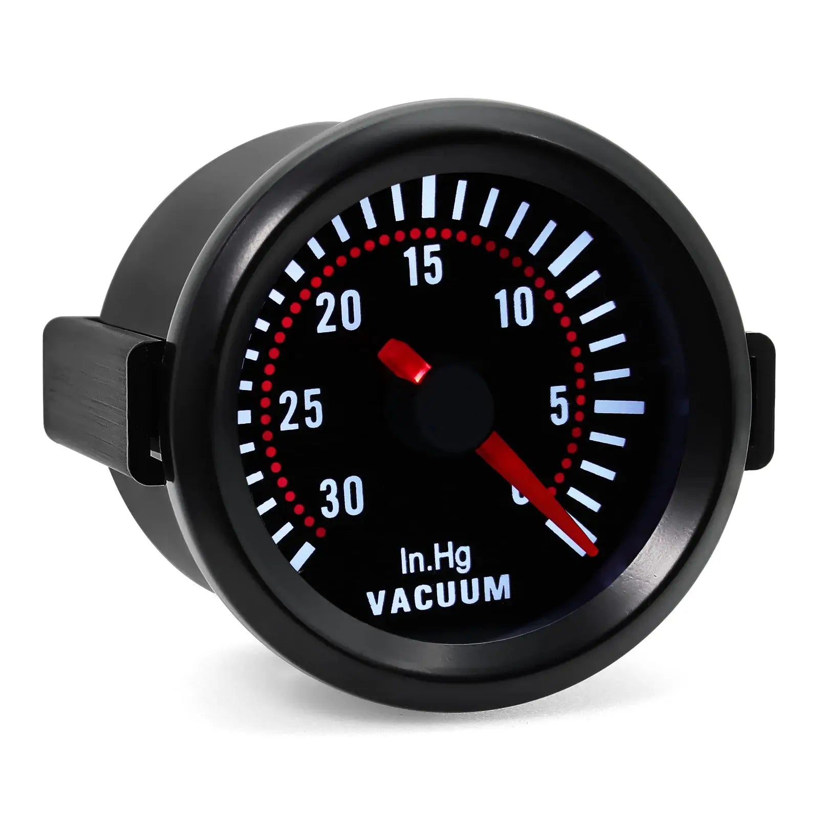 52mm black vacuum gauge with white numerals and red needle for petrol racing cars