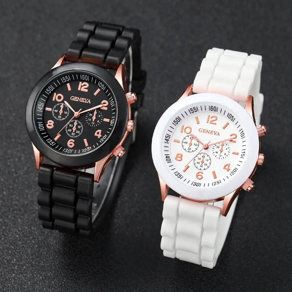 Geneva couple watches set: two watches with black and white silicone bands and rose-gold cases