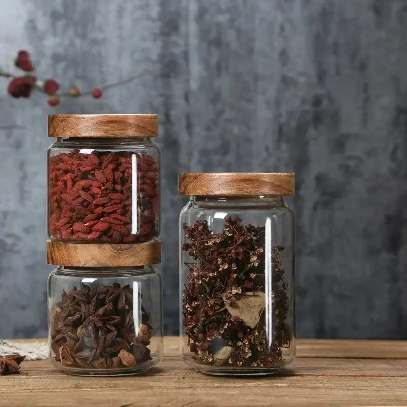 Glass Canister Set With Wooden Lids Airtight Jars For Kitchen Storage Cereal Dispenser And Pantry Organization