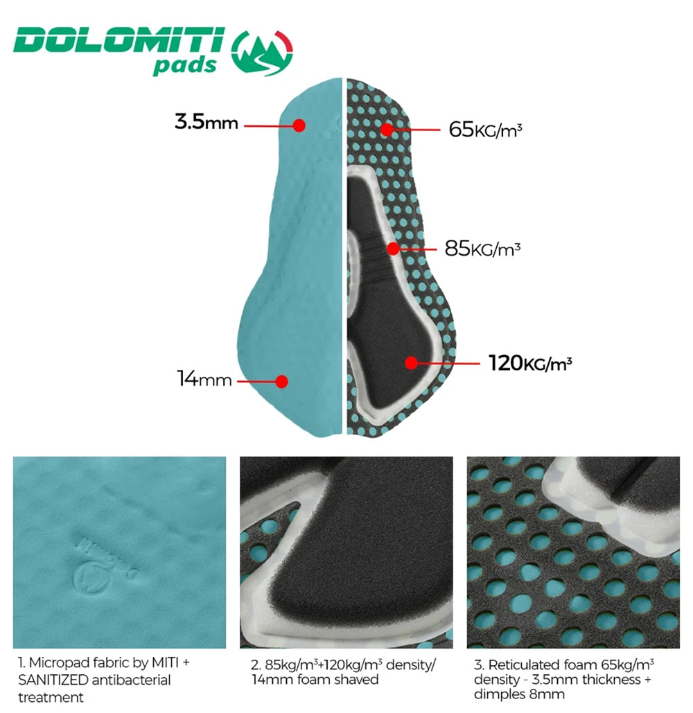 RION cycling shorts men padded bib shorts with turquoise Dolomiti pads insert and breathable fabric