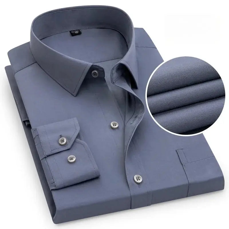 Men's blue formal shirt by Simples Market, long sleeve, solid color with chest pocket and textured fabric.