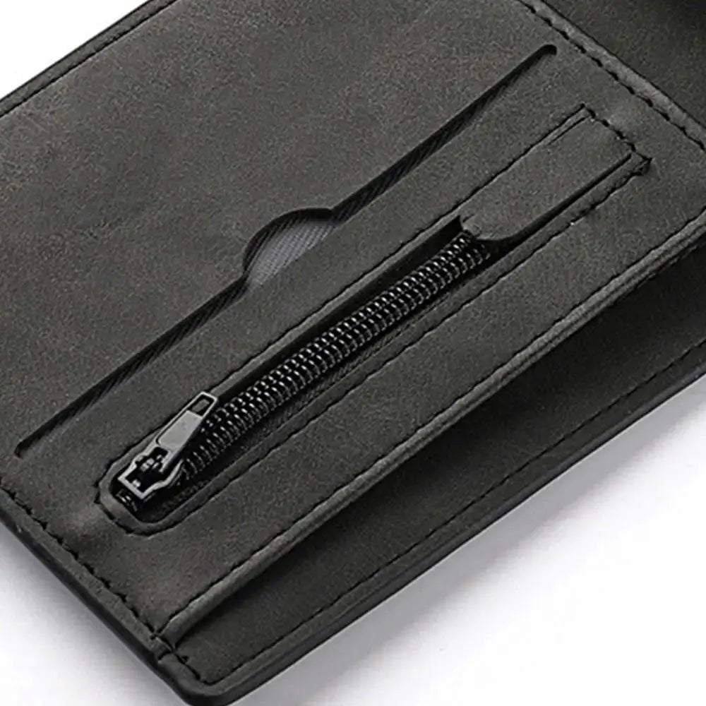 Men's black PU leather wallet with multiple card slots and zip coin pocket