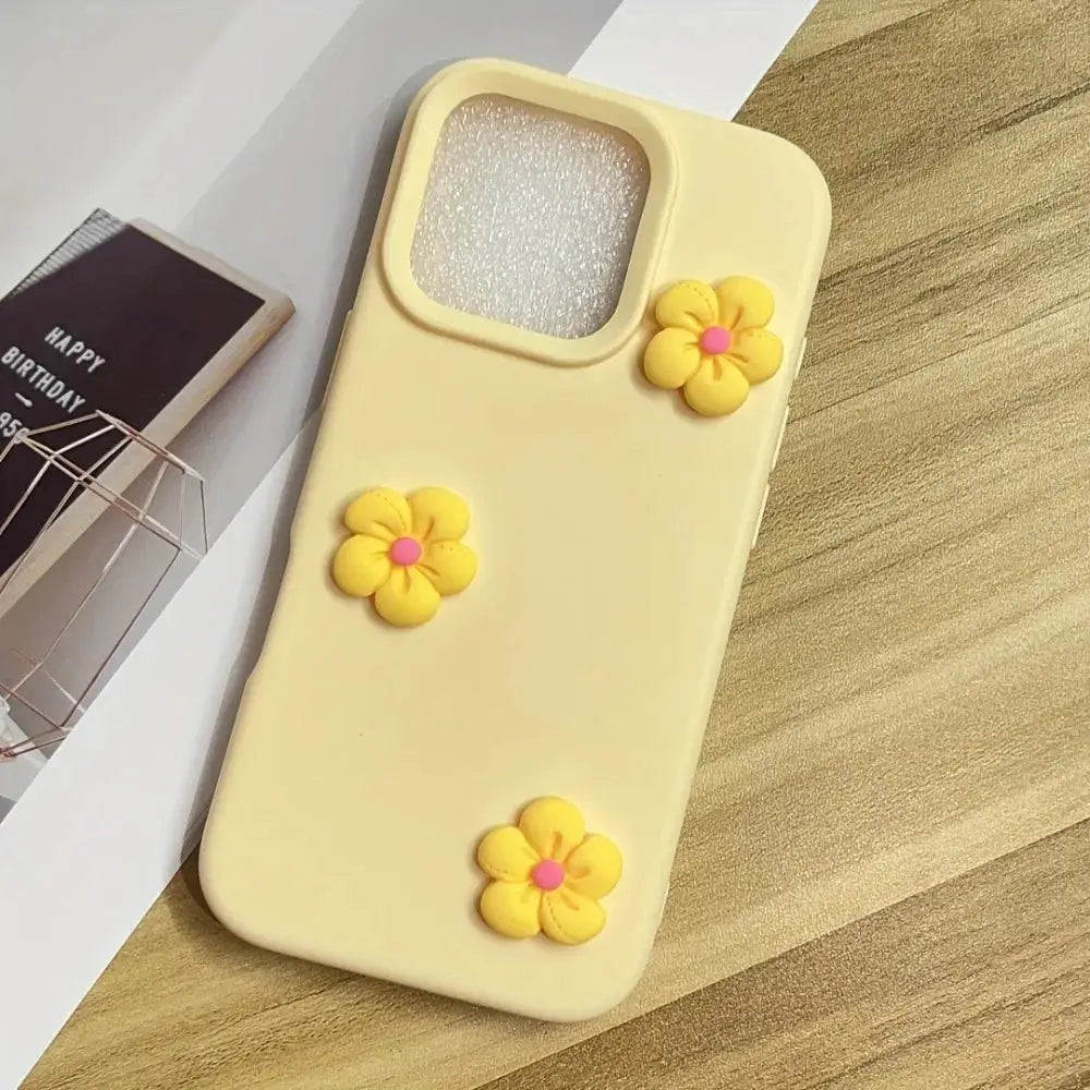 Phone case for iPhone with pastel yellow matte finish and three 3D yellow flower accents