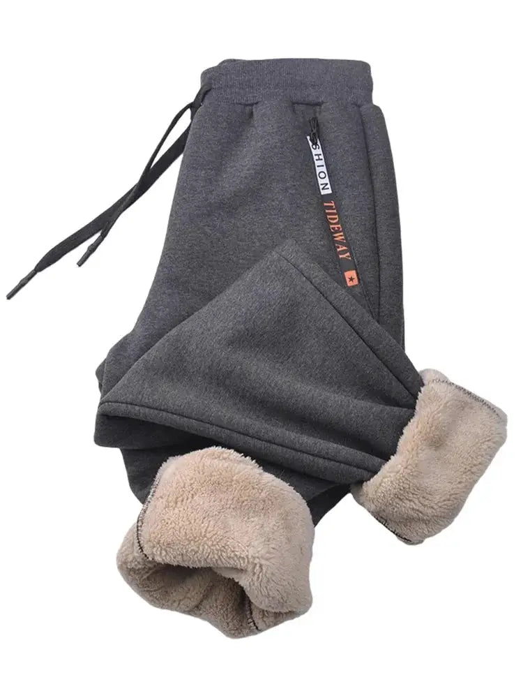 Simples Market men's winter fleece joggers; dark gray with beige fleece cuffs and drawstring waist.