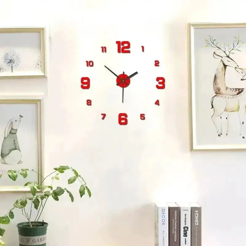 Decorative wall clock with large red numerals and black hands on a white living-room wall