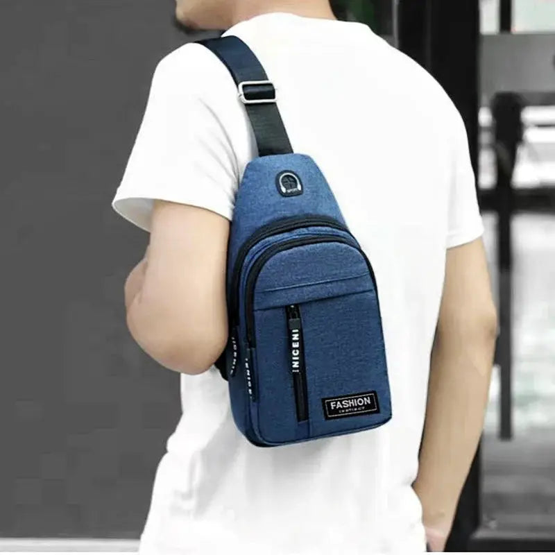 Chest bag in blue Oxford cloth, multifunctional for men with front zip and crossbody strap