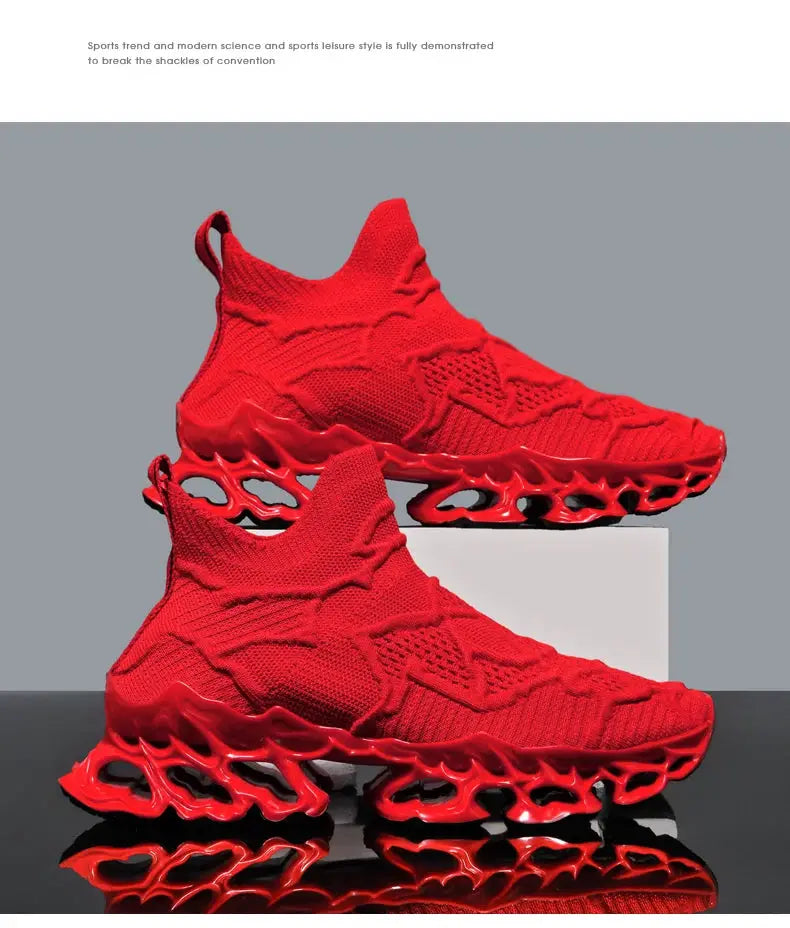 Red knit sneakers, men's athletic shoes with sculpted red outsole (2 shown)