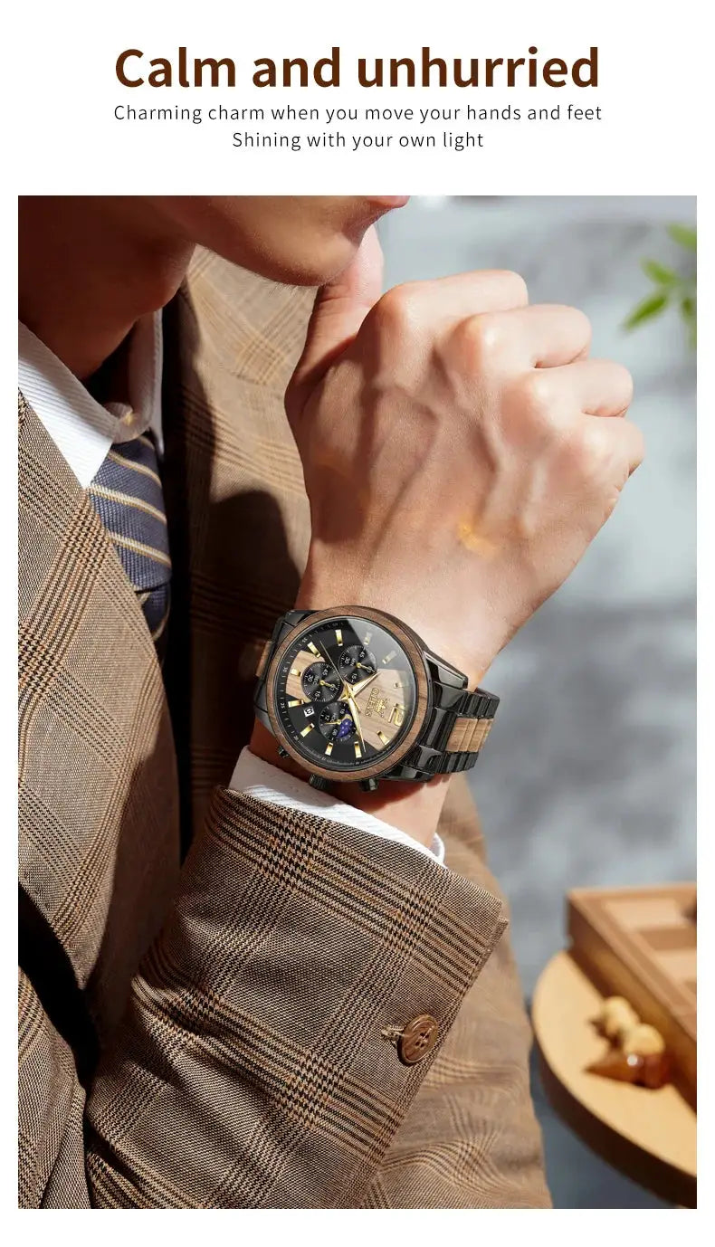 OLEVS wooden men's wristwatch with black metal strap and gold-tone dial