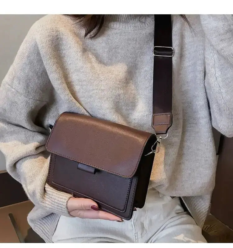 Simples Market brown two-tone PU leather crossbody bag with flap and adjustable strap
