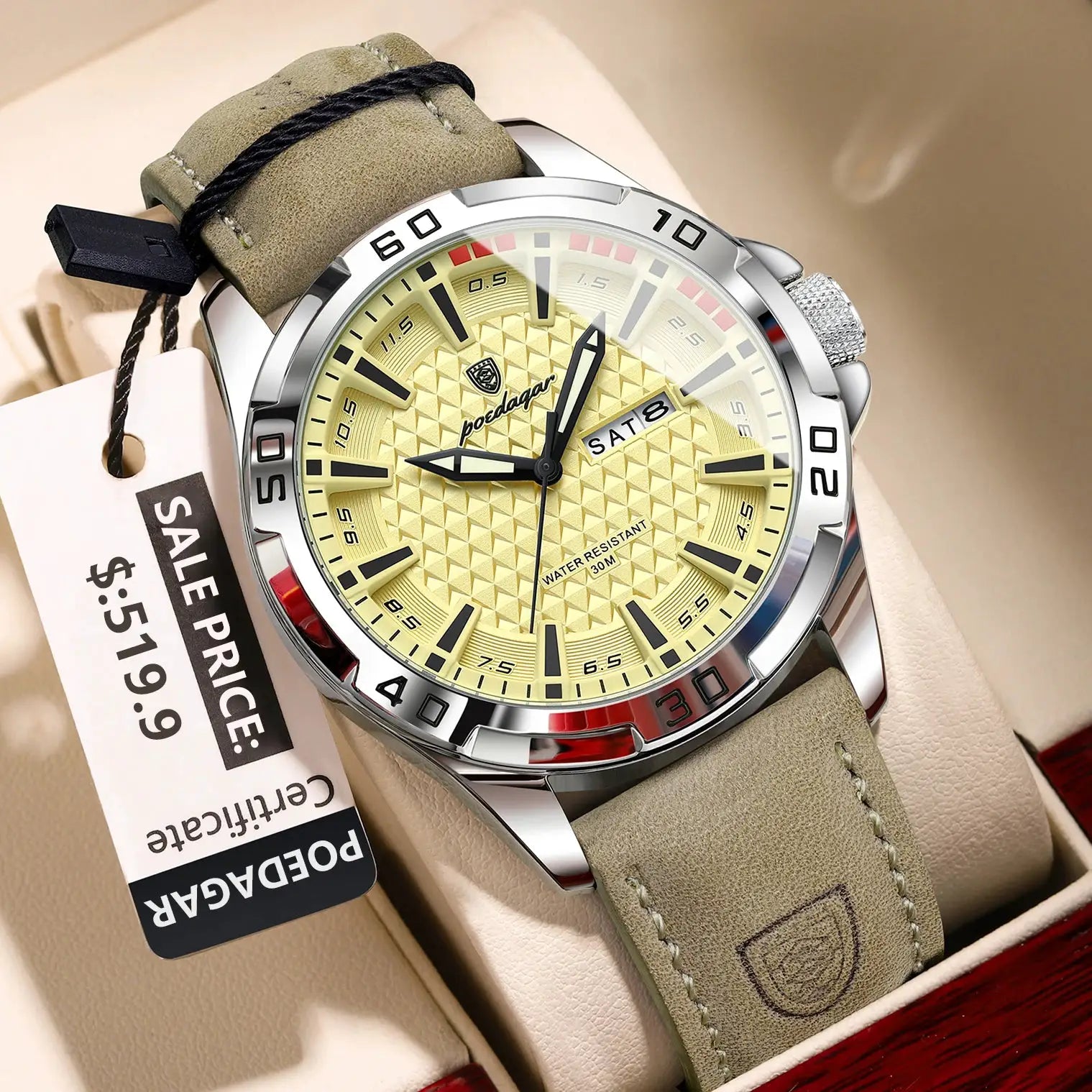 POEDAGAR men's wristwatch with gold dial, stainless steel case and beige leather strap; date window, luminous hands