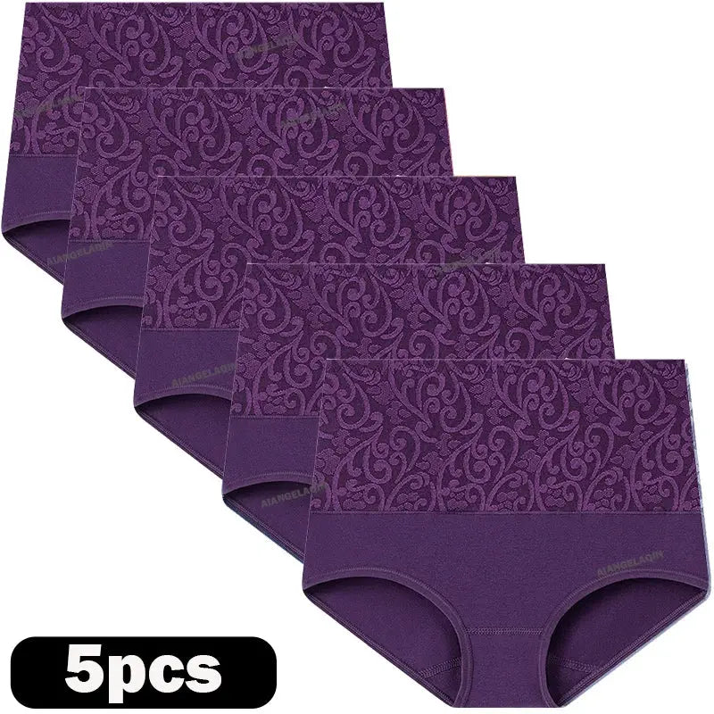 5-pack purple high-waist cotton briefs for plus-size women with decorative swirl pattern