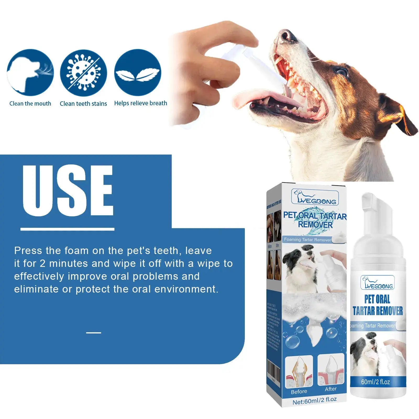 Pet Oral Tartar Remover Foam for dogs and cats; Simples Market 60ml bottle with blue and white packaging