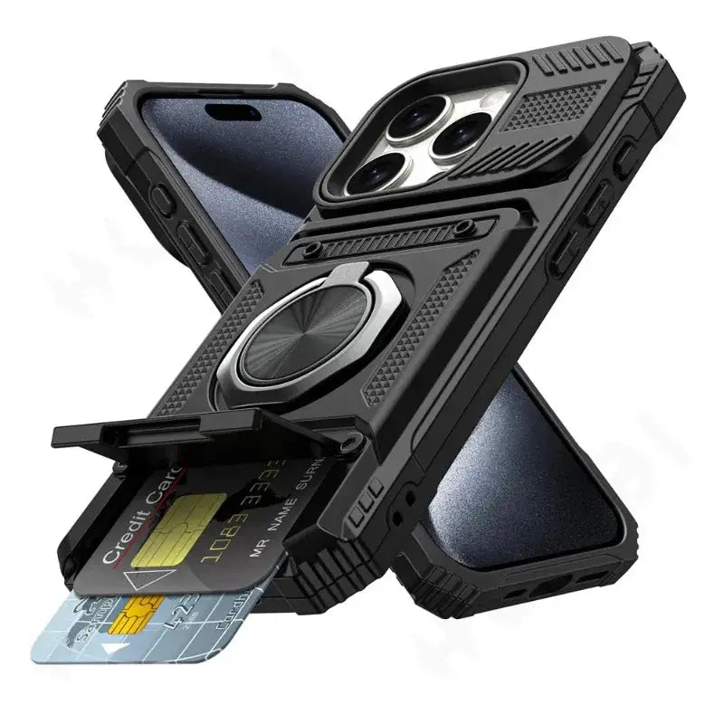ShieldTech Pro Wallet Case For iPhone 7 To 16 Pro Max Magnetic Ring Kickstand And Card Slots Heavy Duty Drop Guard