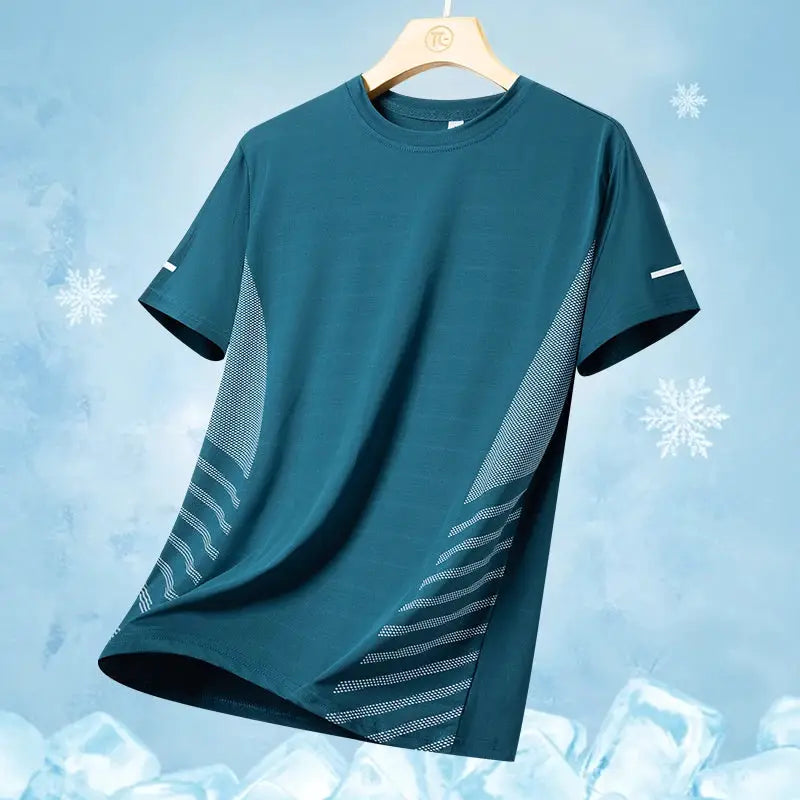 Teal men's running T-shirt with short sleeves and side mesh panels, breathable quick-dry fabric.