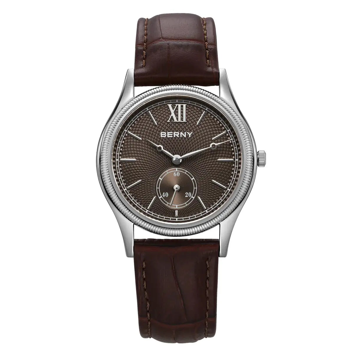 BERNY men's dress watch with brown leather strap and silver case.