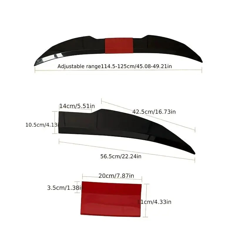 Simples Market universal 3pc sedan rear wing spoiler kit, black adjustable spoilers with red center piece, 114.5–125 cm