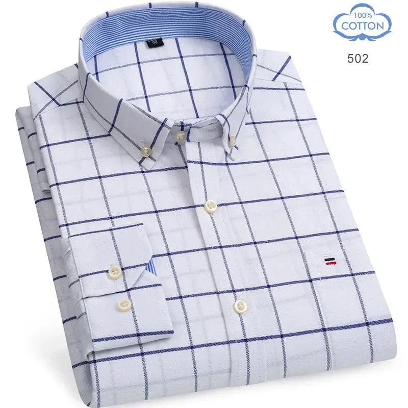 Simples Market men's 100% cotton oxford shirt, white with blue plaid grid, long sleeves.