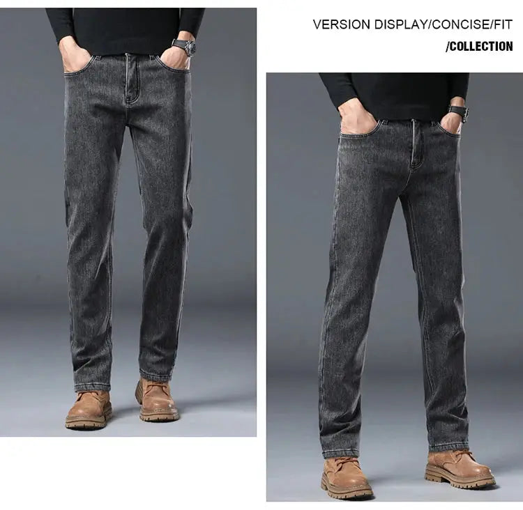 Simples Market men's winter warm jeans, dark washed denim, slim straight fit