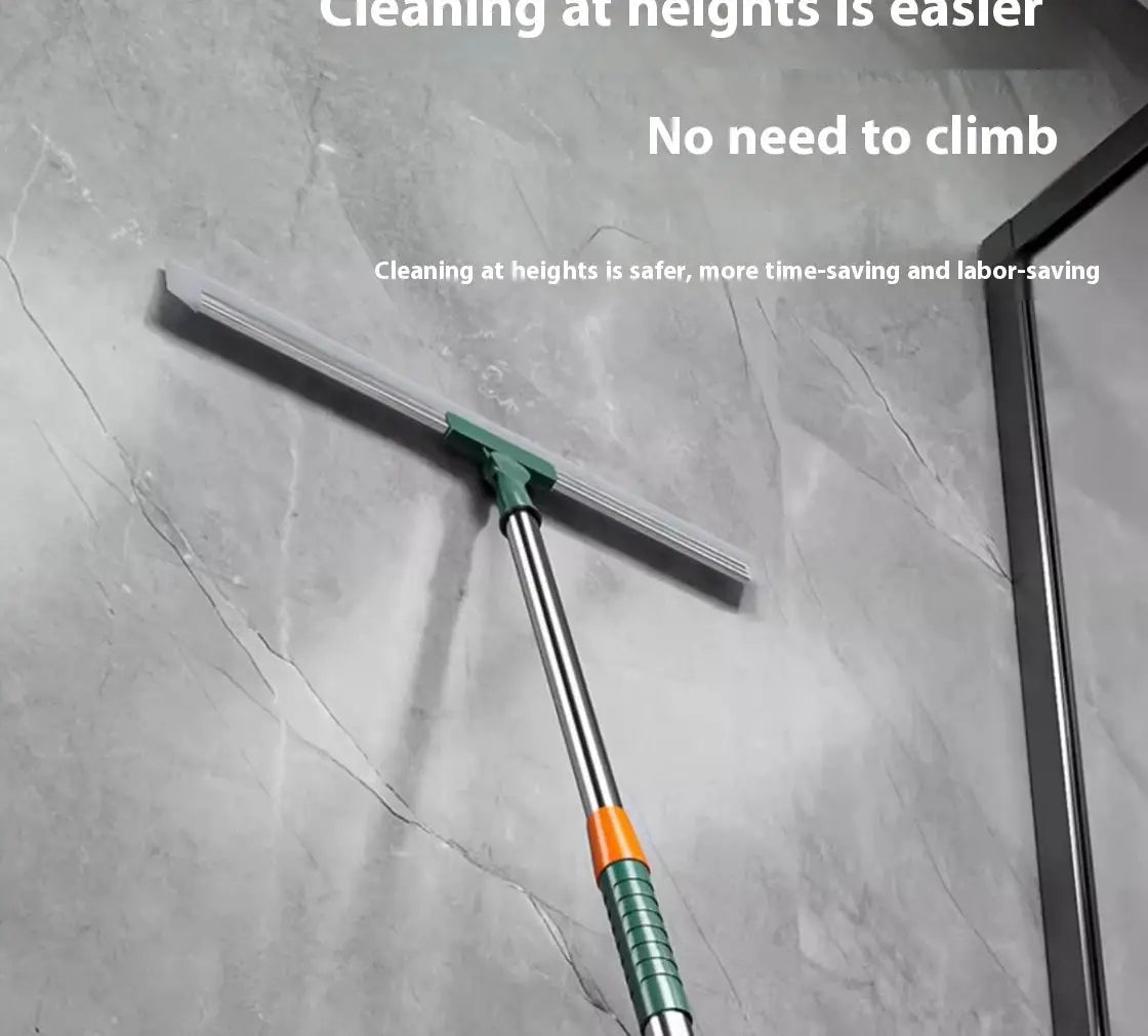 Cleaning brush with long telescopic handle and silicone squeegee head for windows, floors and bathrooms