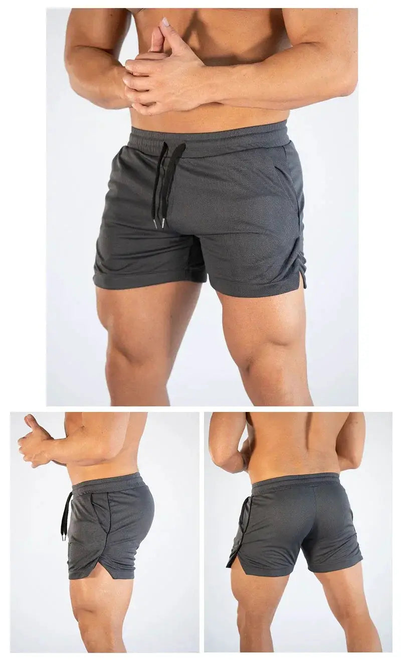 Men's gray summer fitness shorts with drawstring waist; lightweight gym shorts for running and training