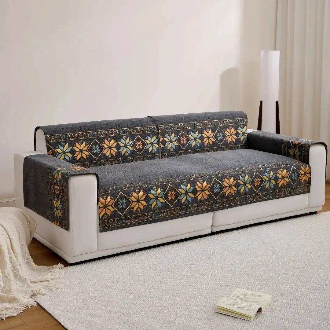 Sofa cover by Simples Market; 1pc Bohemian jacquard chenille with multicolor geometric star pattern on gray couch.