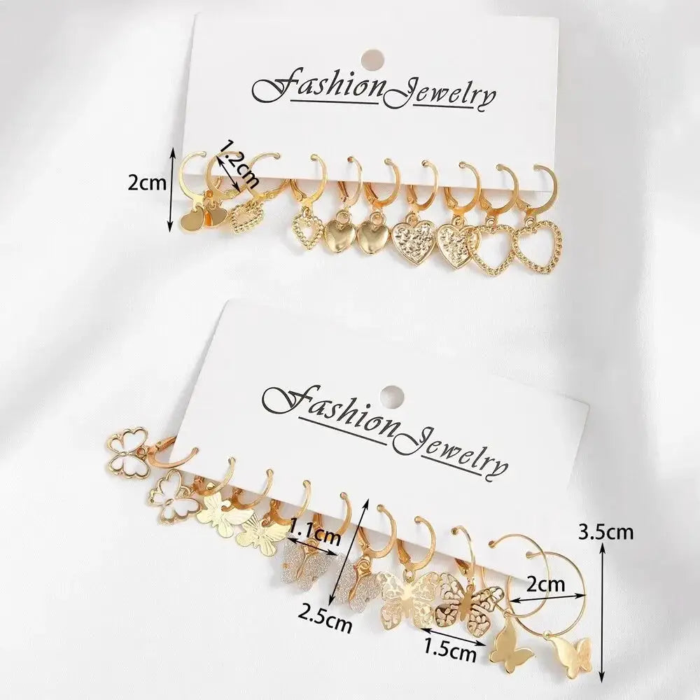 10 Piece Gold Color Earrings Set For Women Hollowed Out Butterfly And Heart Love Design Jewelry Gifts