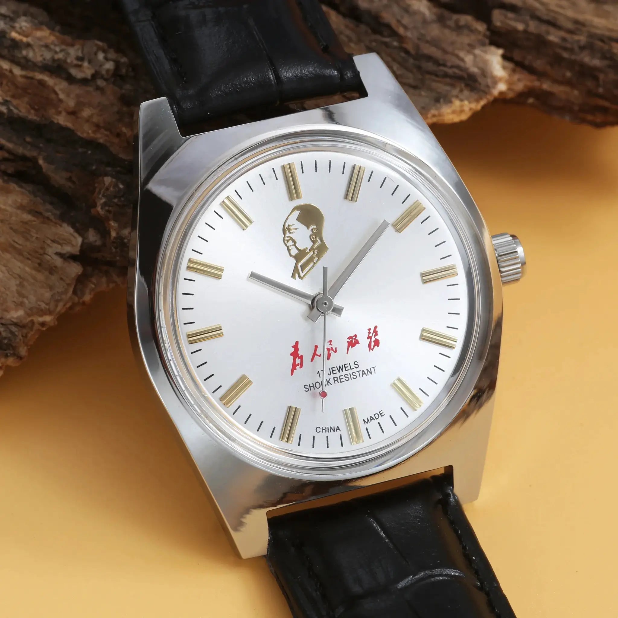 7120 hand-wind mechanical men's watch, 36mm, silver case, white dial with gold markers, black leather strap