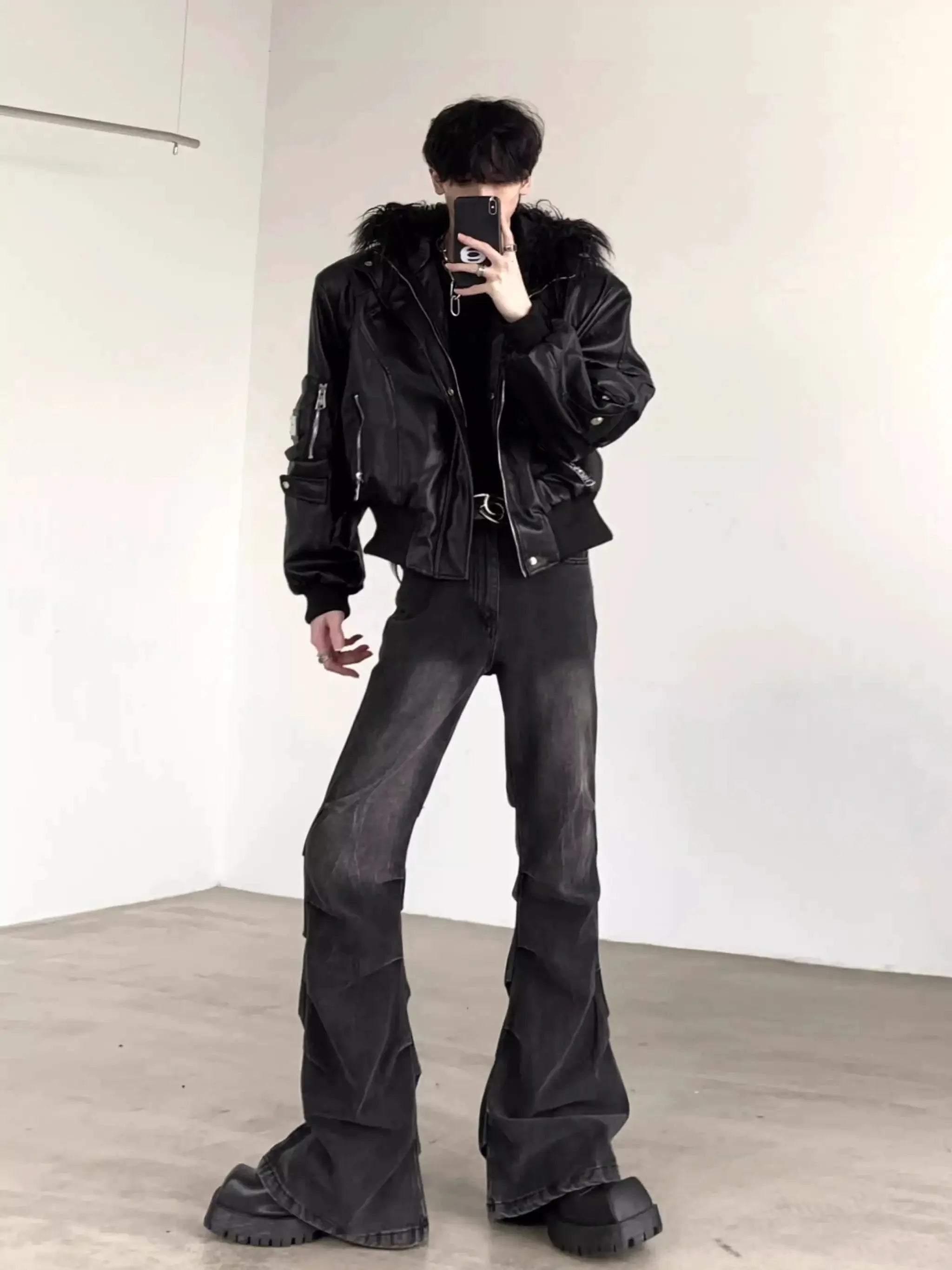 Mauroicardi black PU leather jacket with faux fur hood, oversized fit for men