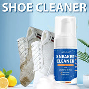 Simples Market sneaker cleaner foam bottle, 100 ml, for all shoes, with white sneakers and a gray suede shoe.
