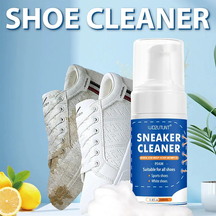 Simples Market sneaker cleaner foam bottle, 100 ml, for all shoes, with white sneakers and a gray suede shoe.