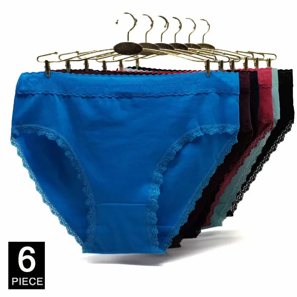 Women's cotton briefs set, mid-rise with lace trim, 6-piece assorted colors on hangers (blue front)