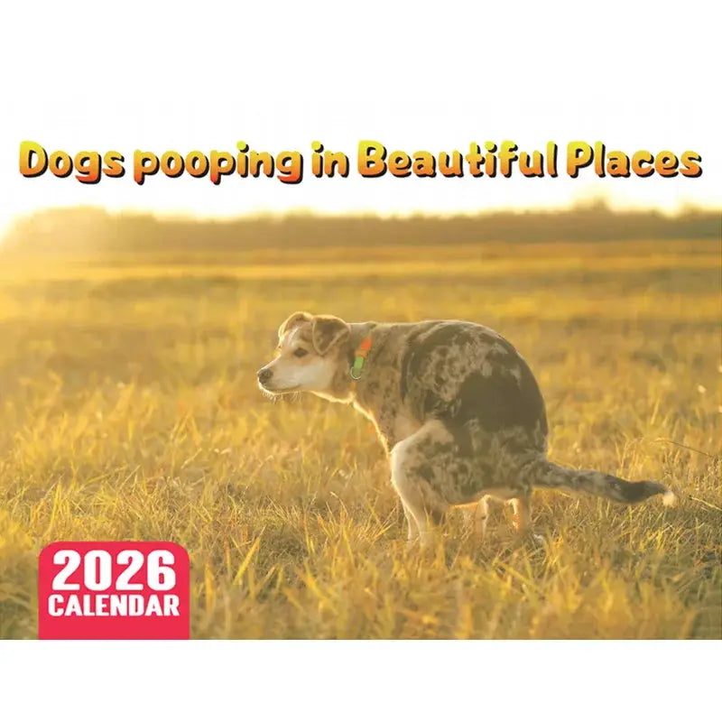 2026 dog calendar featuring a dog in a sunlit grassy field with bold orange title Dogs pooping in Beautiful Places
