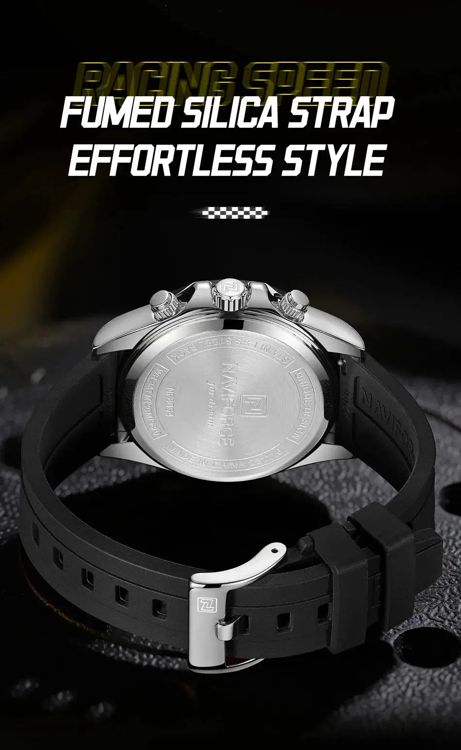 Naviforce men's sport watch with black silicone strap, silver case, chronograph
