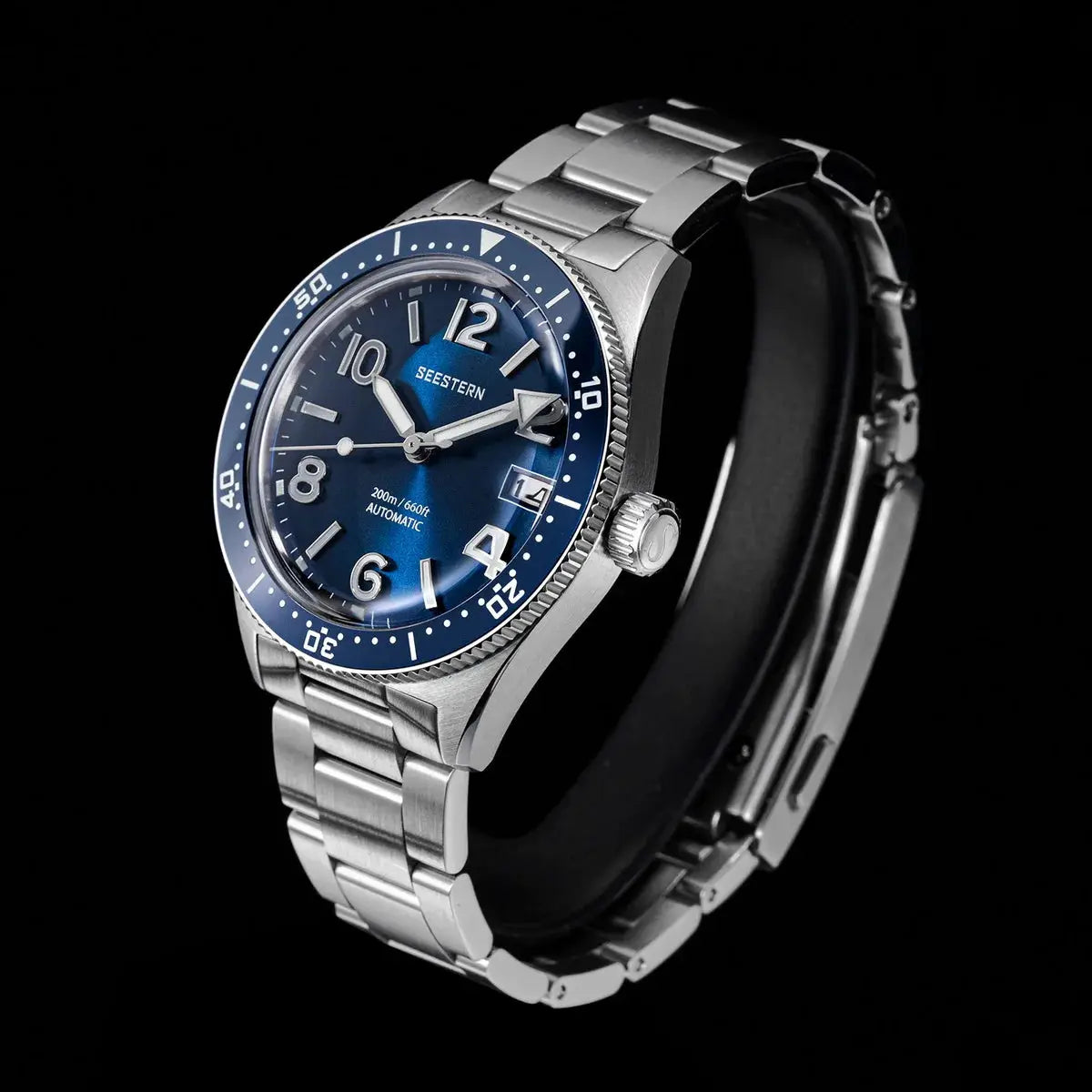 Seestern Diver Men's automatic watch with blue dial, blue bezel, stainless steel bracelet, 200m water resistance