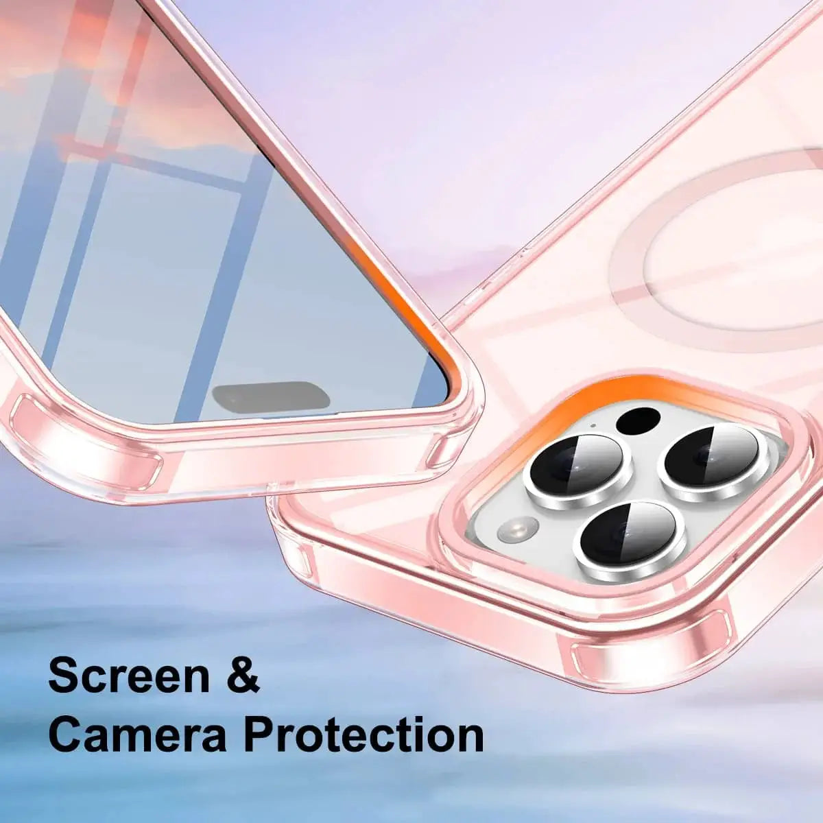 iPhone full-body shockproof case with built-in magnetic screen protector, transparent pink