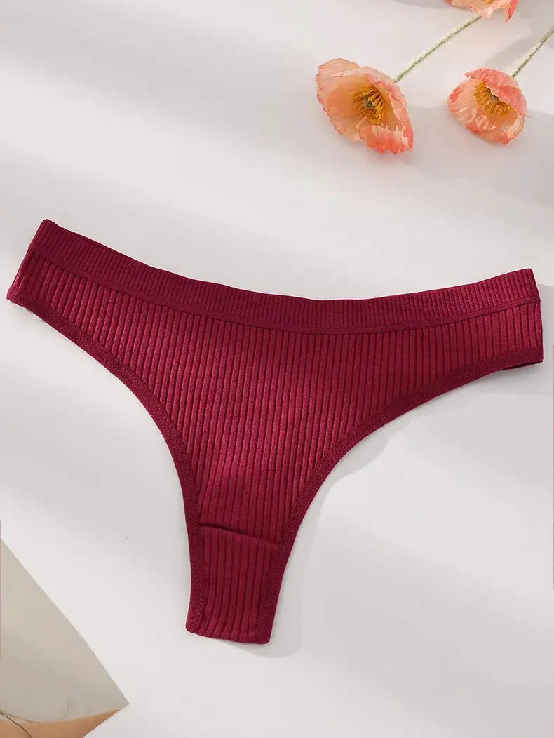 Women's burgundy ribbed thong panty with wide waistband