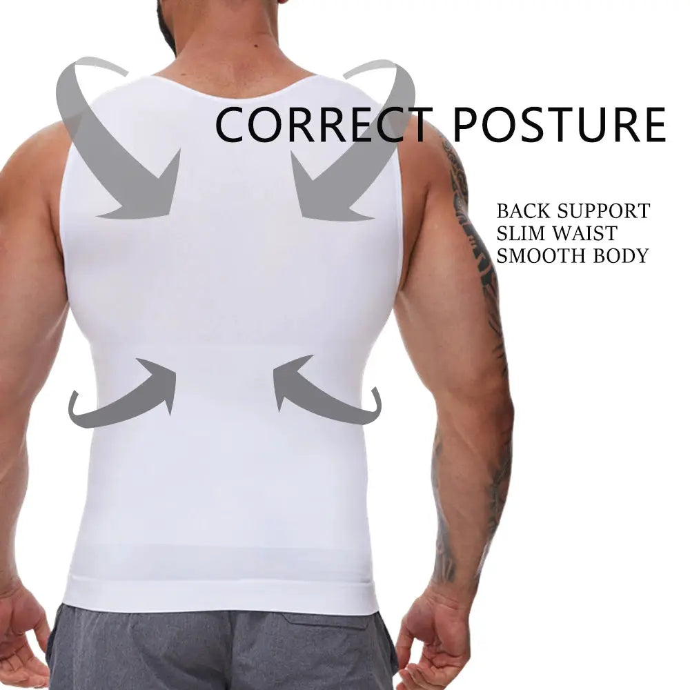 Simples Market men's white compression shirt with tummy-control shapewear for a flat belly