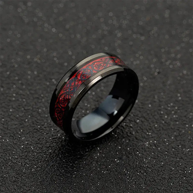 Celtic dragon ring, 8mm black stainless steel, unisex fashion jewelry, red patterned band, Simples Market