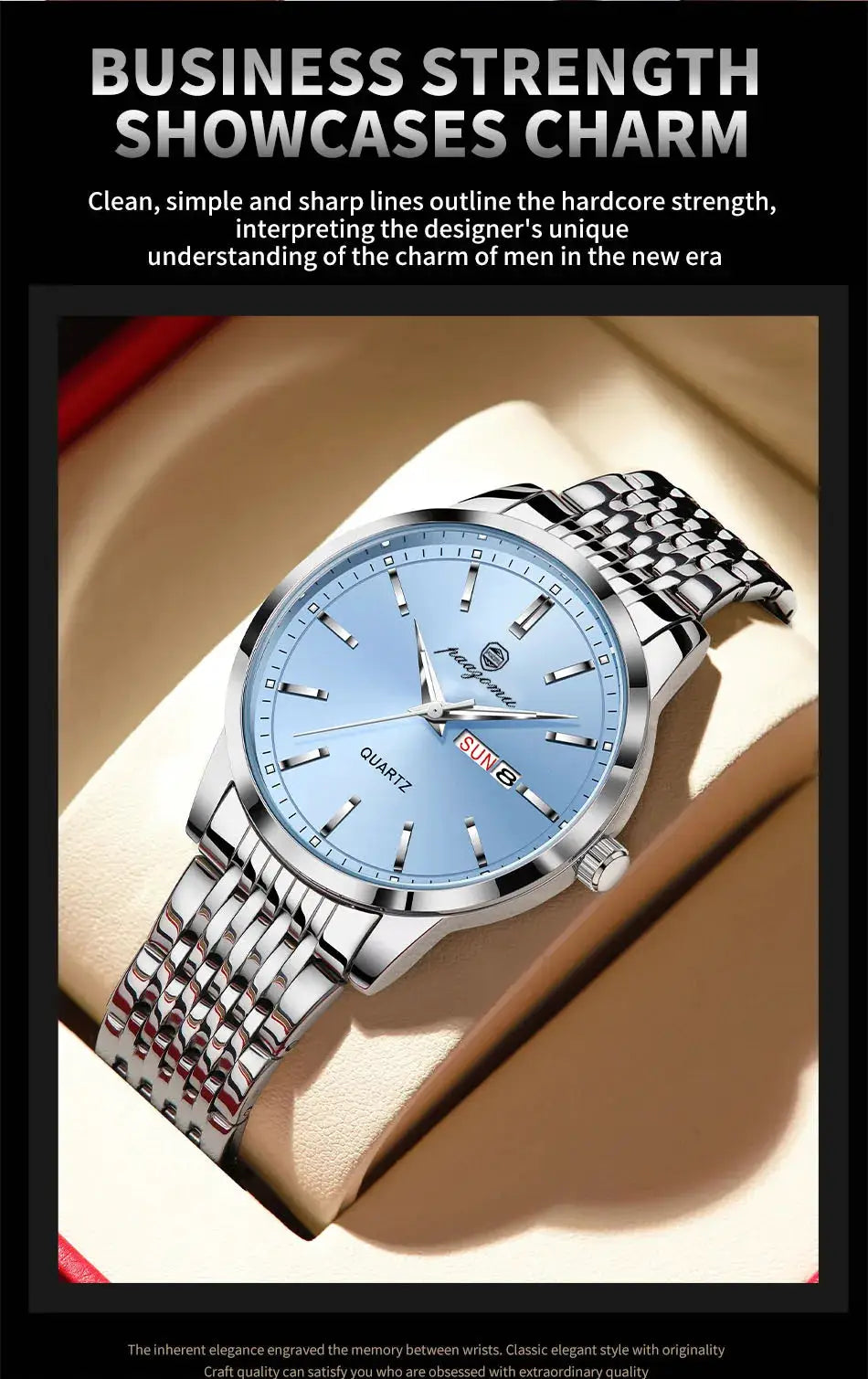 PAAZOMU men's luxury stainless steel watch with light blue dial and date window, boxed