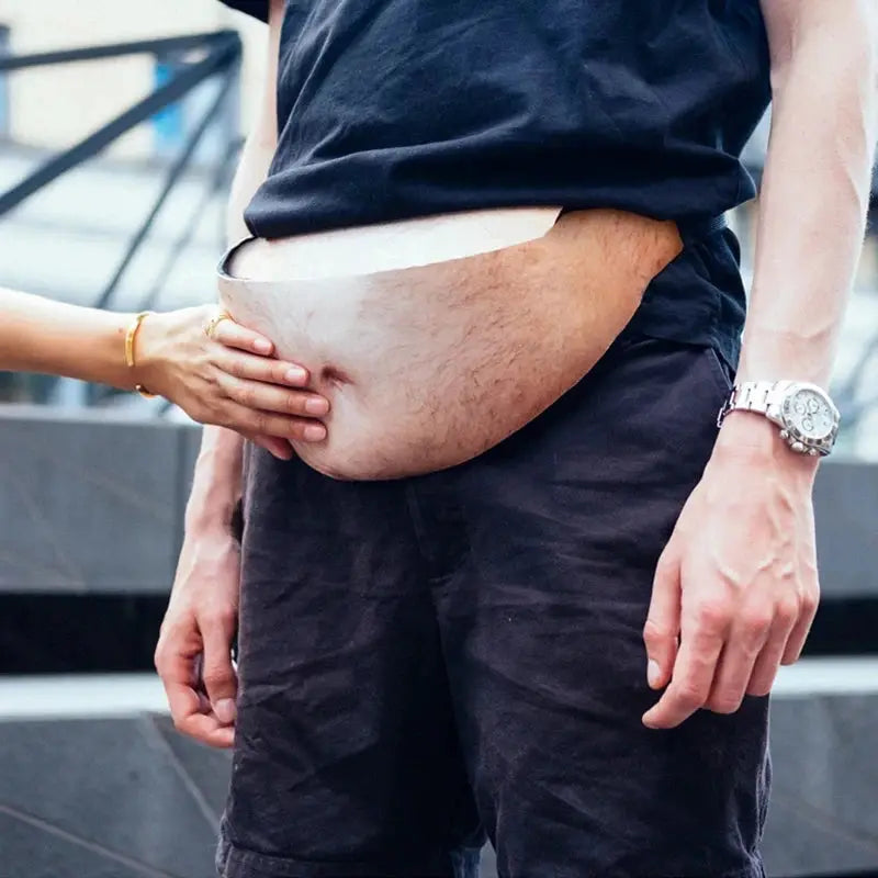 Funny Pop Dad Bod Money Belt Bag by Simples Market, flesh-colored waist fanny pack worn around the belly.