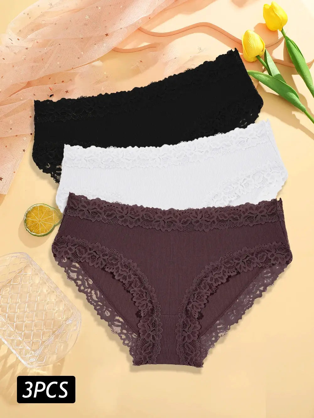 3-piece lace-trim cotton panties for women in black, white, and plum