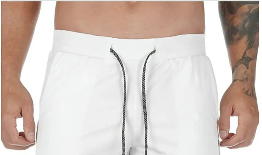 Men's fitness training shorts, white with black speck drawstring, Simples Market