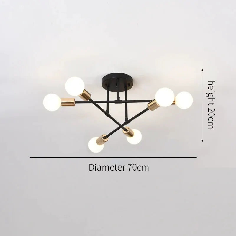 Six-head LED ceiling lamp in black wrought iron with brass accents for retro industrial living room decor, 70 cm diameter