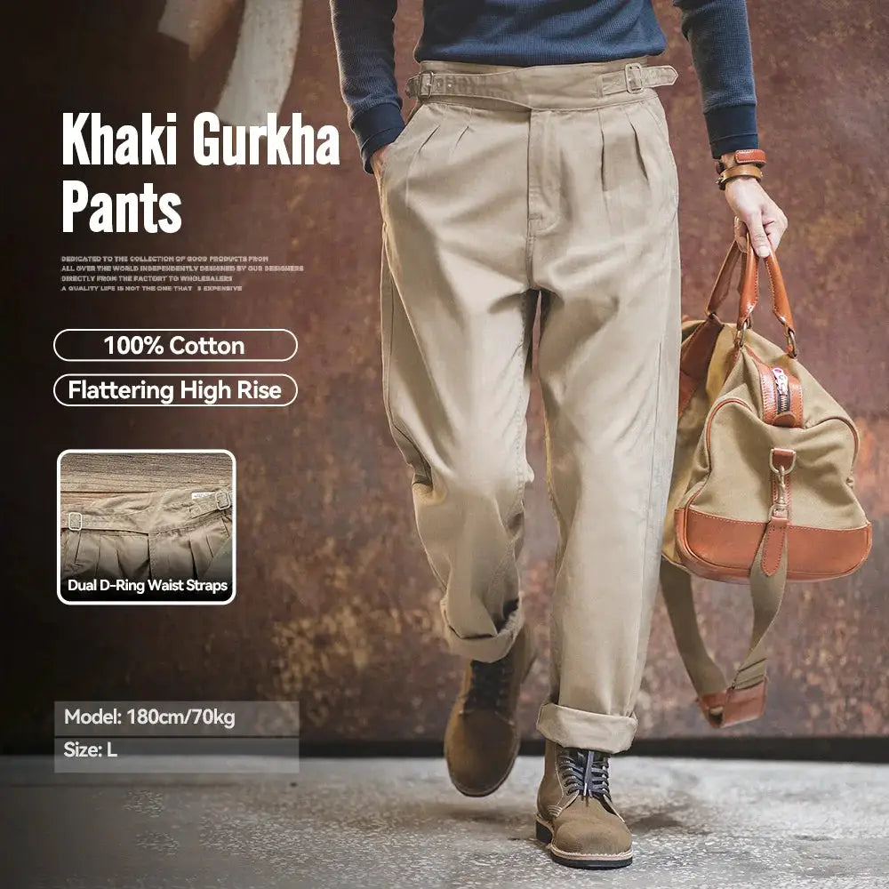 Maden Vintage Khaki Gurkha Pants by Simples Market, 100% cotton, adjustable high-waist cargo work trousers