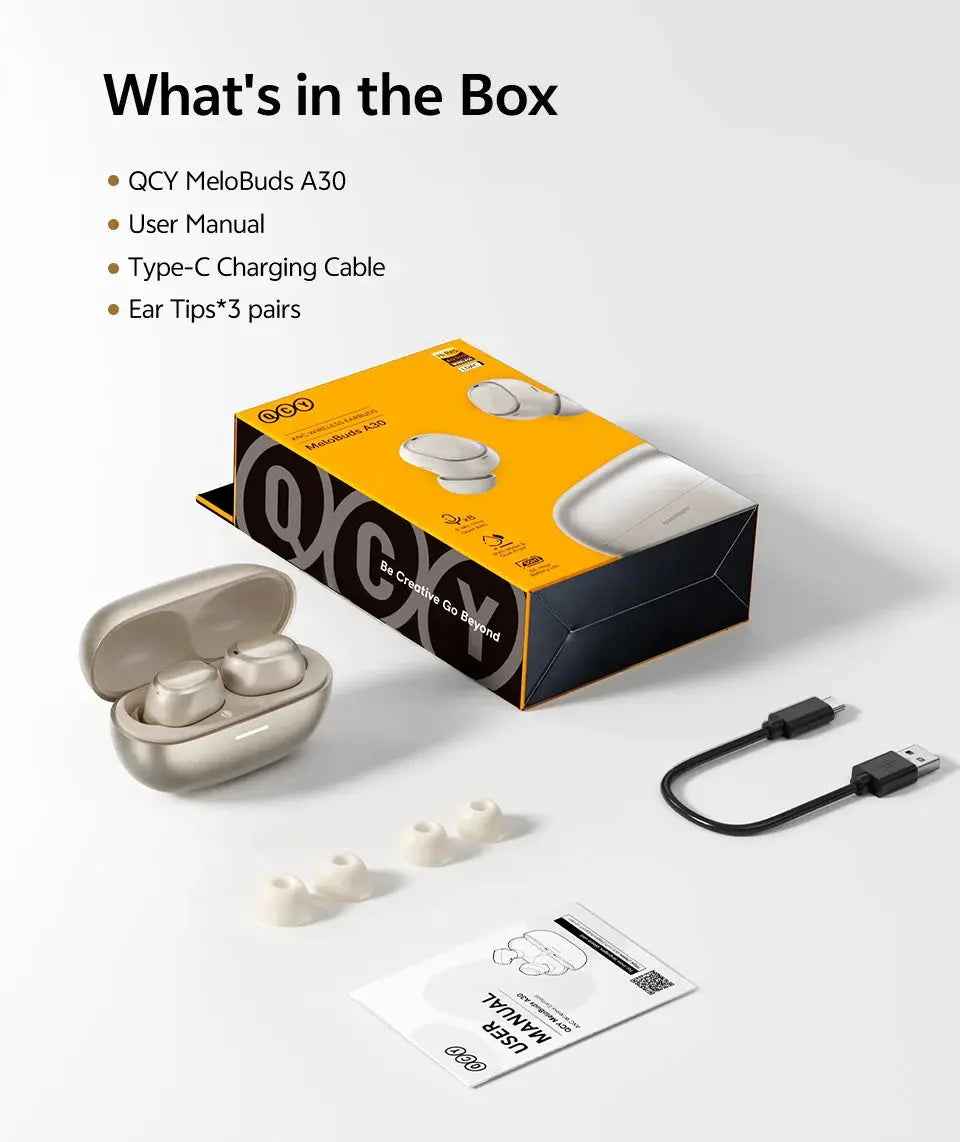 QCY MeloBuds A30 wireless earbuds in beige with charging case, extra ear tips, USB-C cable, and box