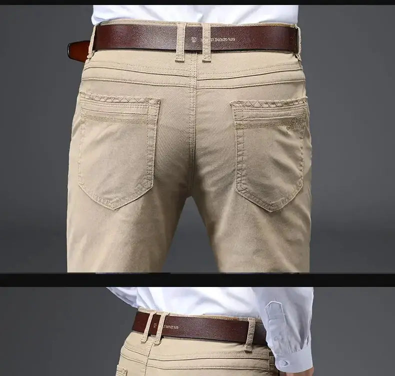 Men's beige 97% cotton-stretch straight pants with belt, Simples Market